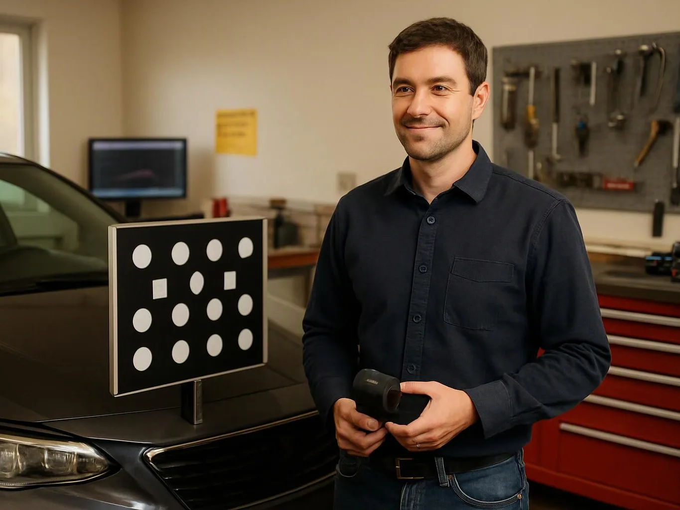 A man stands beside a black car in a workshop, holding a handheld device near a calibration board