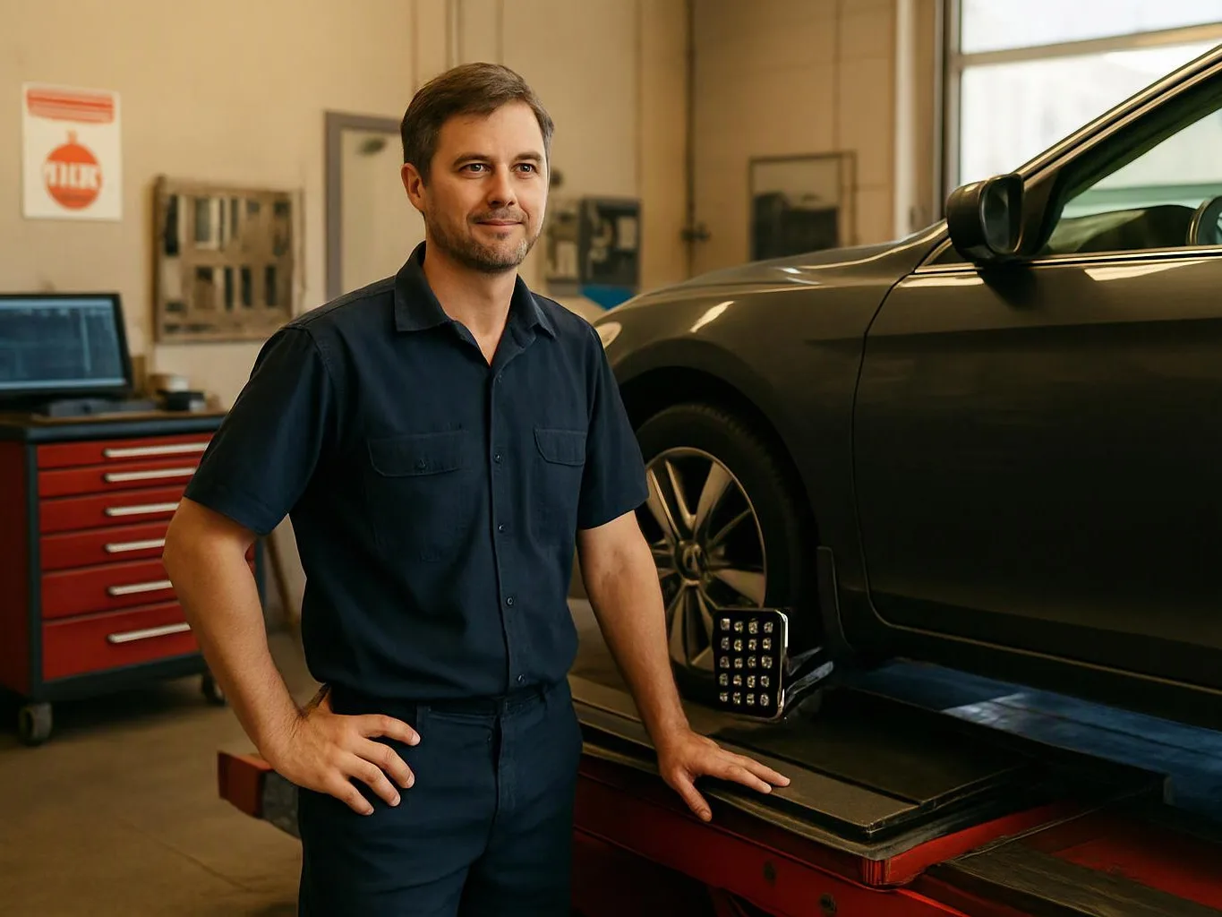 A man stands beside a raised car in a workshop, with tools and a computer in the background