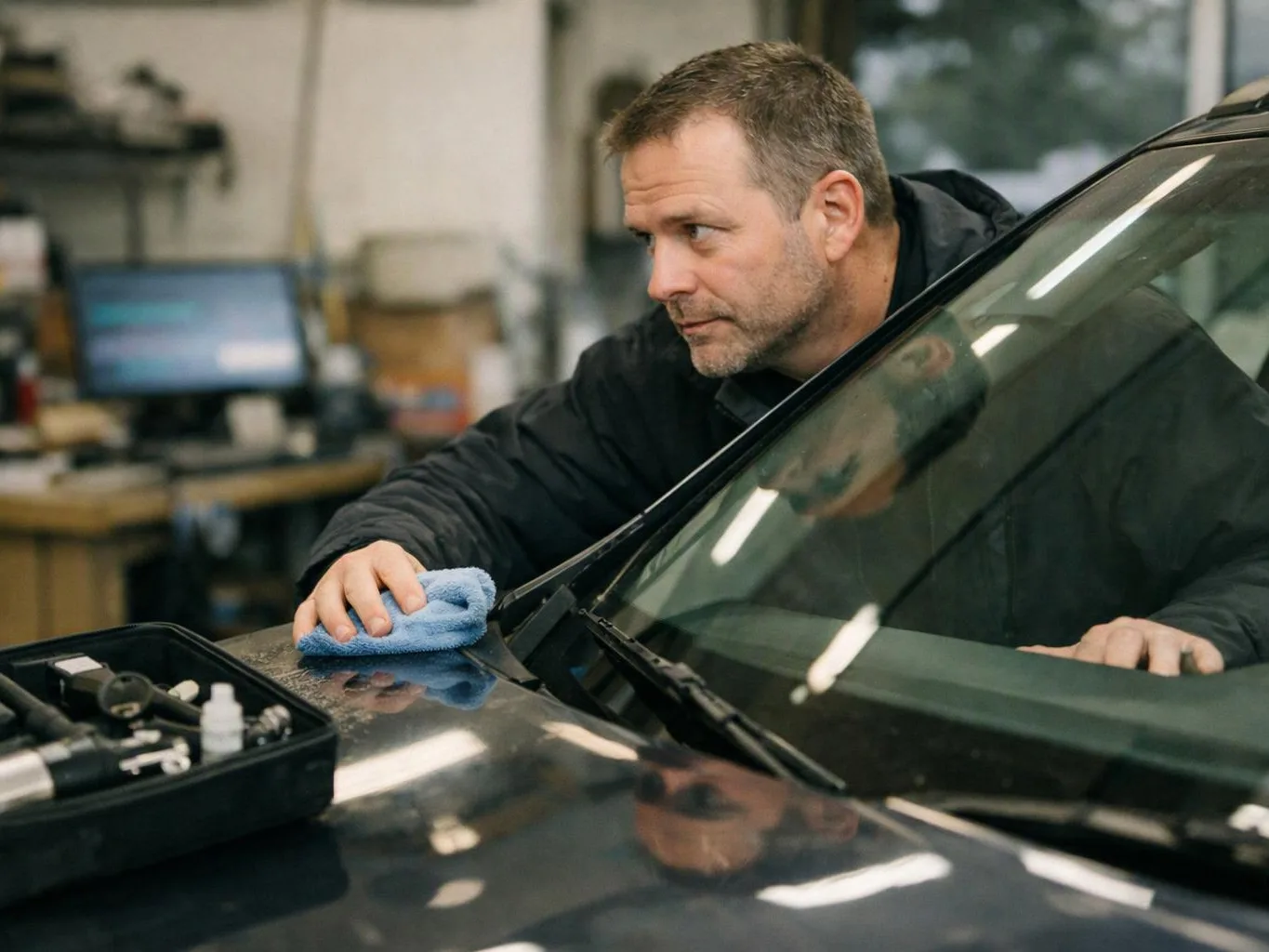 A man wipes a car windshield in a garage beside a tray of cleaning tools