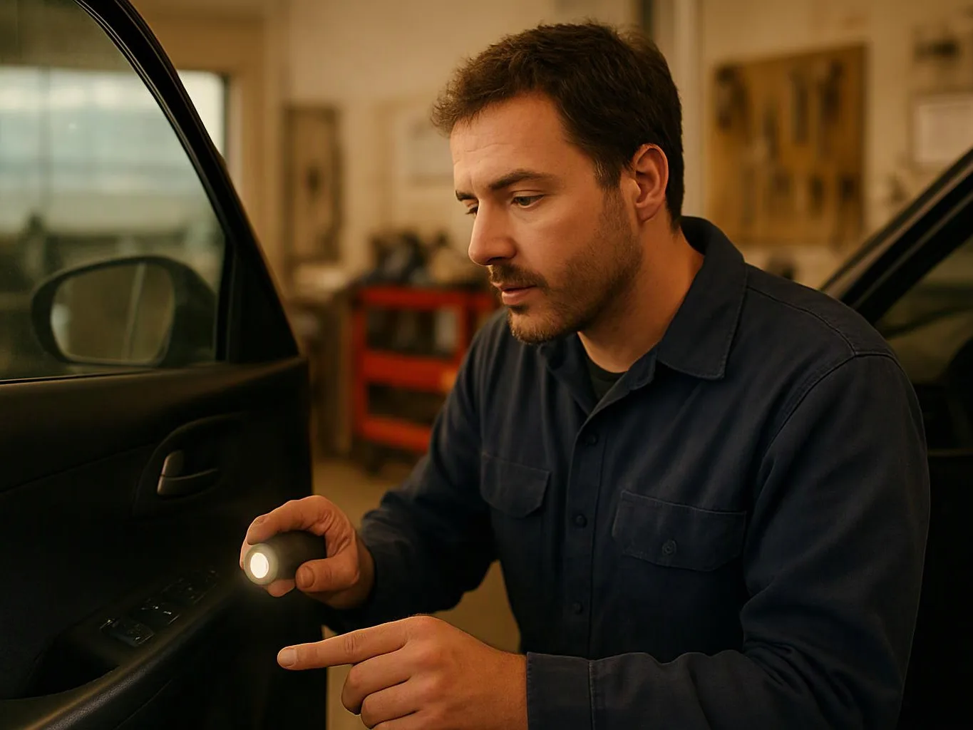 A man in a workshop inspects a car door with a small flashlight, leaning close to the open vehicle