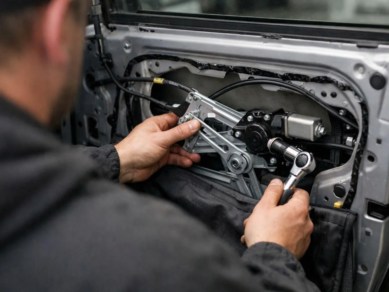 A mechanic adjusts a car door window regulator with a ratchet inside the open door panel
