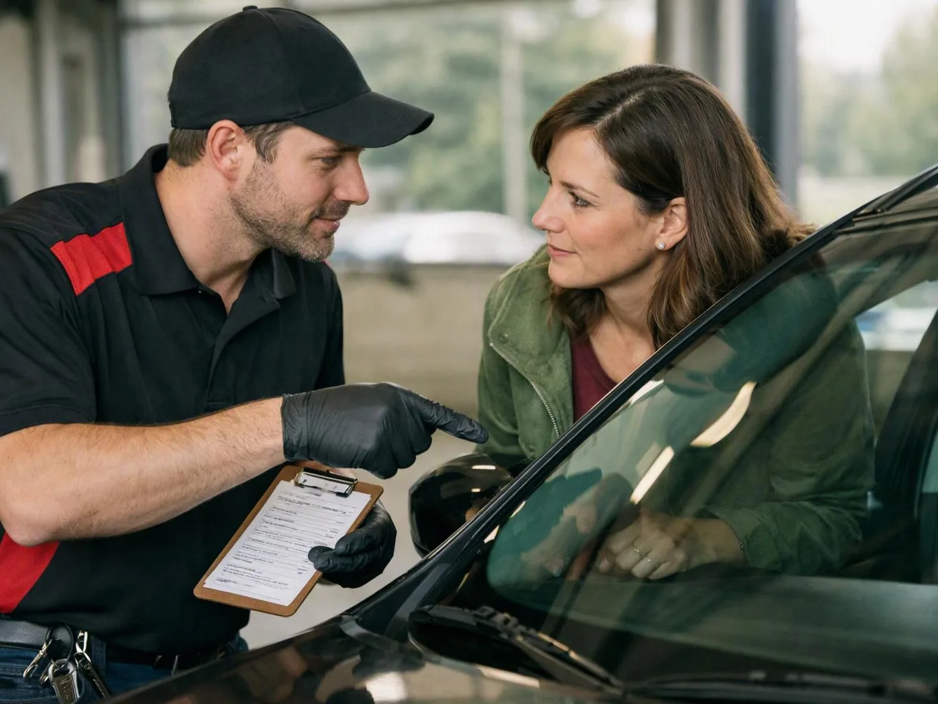 A mechanic in a black cap points at a car windshield while a woman leans in to listen inside a garage