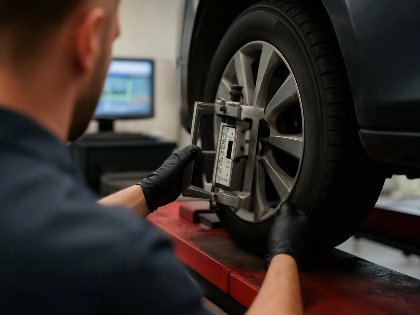 A mechanic in black gloves checks a car wheel with alignment equipment in a workshop