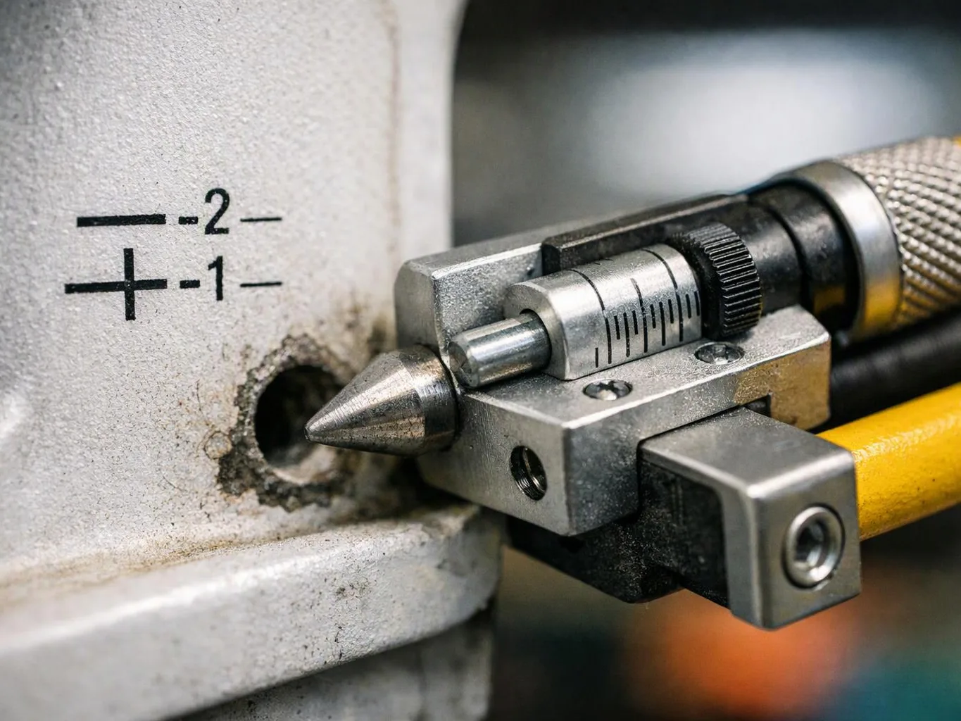 A metal measuring tool touches a worn hole beside plus and minus markings on a machine surface
