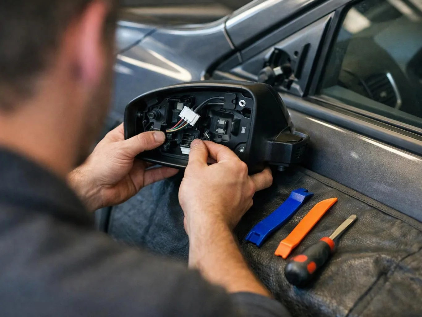 A person adjusts a car side mirror with exposed wiring, while plastic trim tools and a screwdriver rest nearby