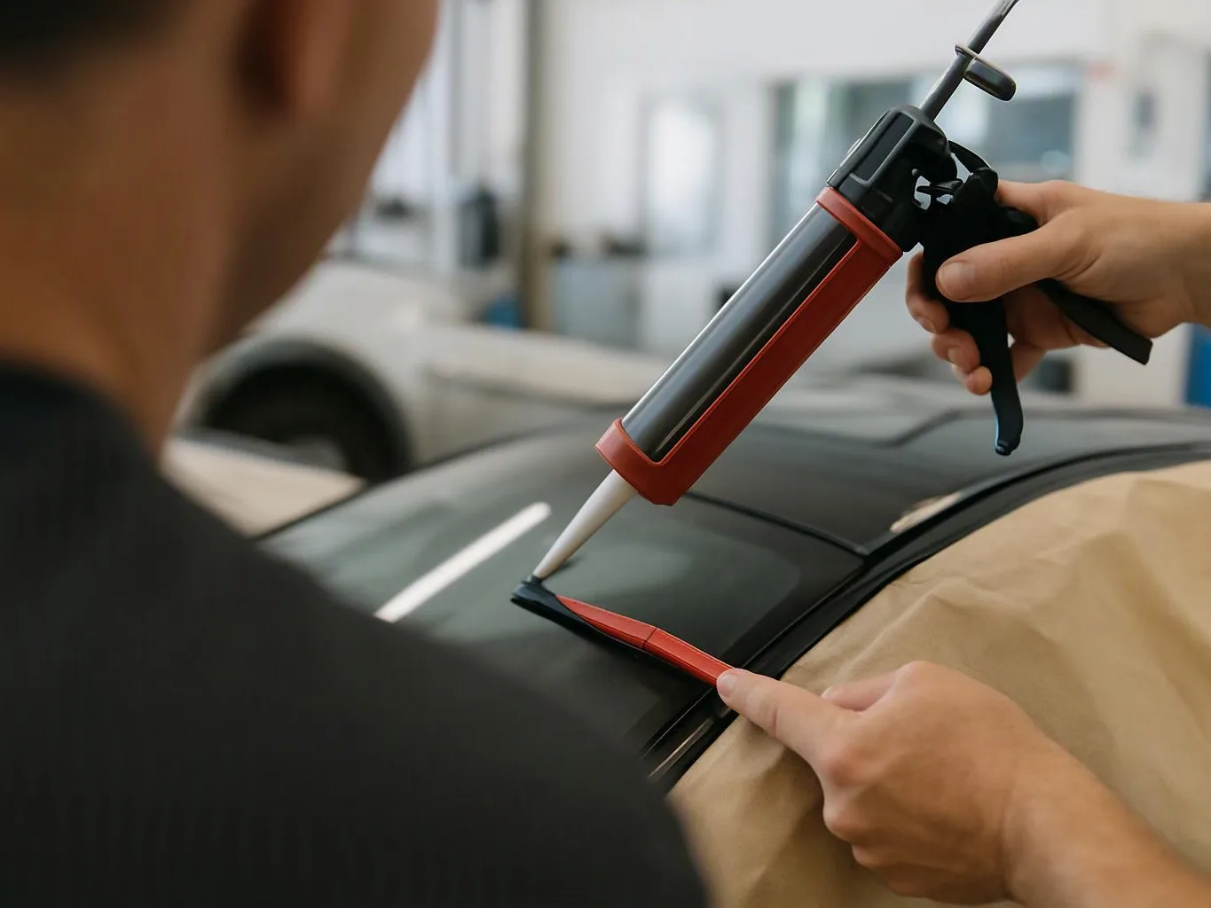 A person applies black sealant to a car windshield with a caulking gun in a workshop