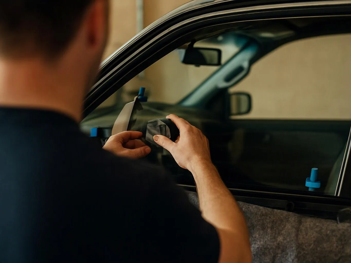 A person applies a small film patch to a car window inside a garage