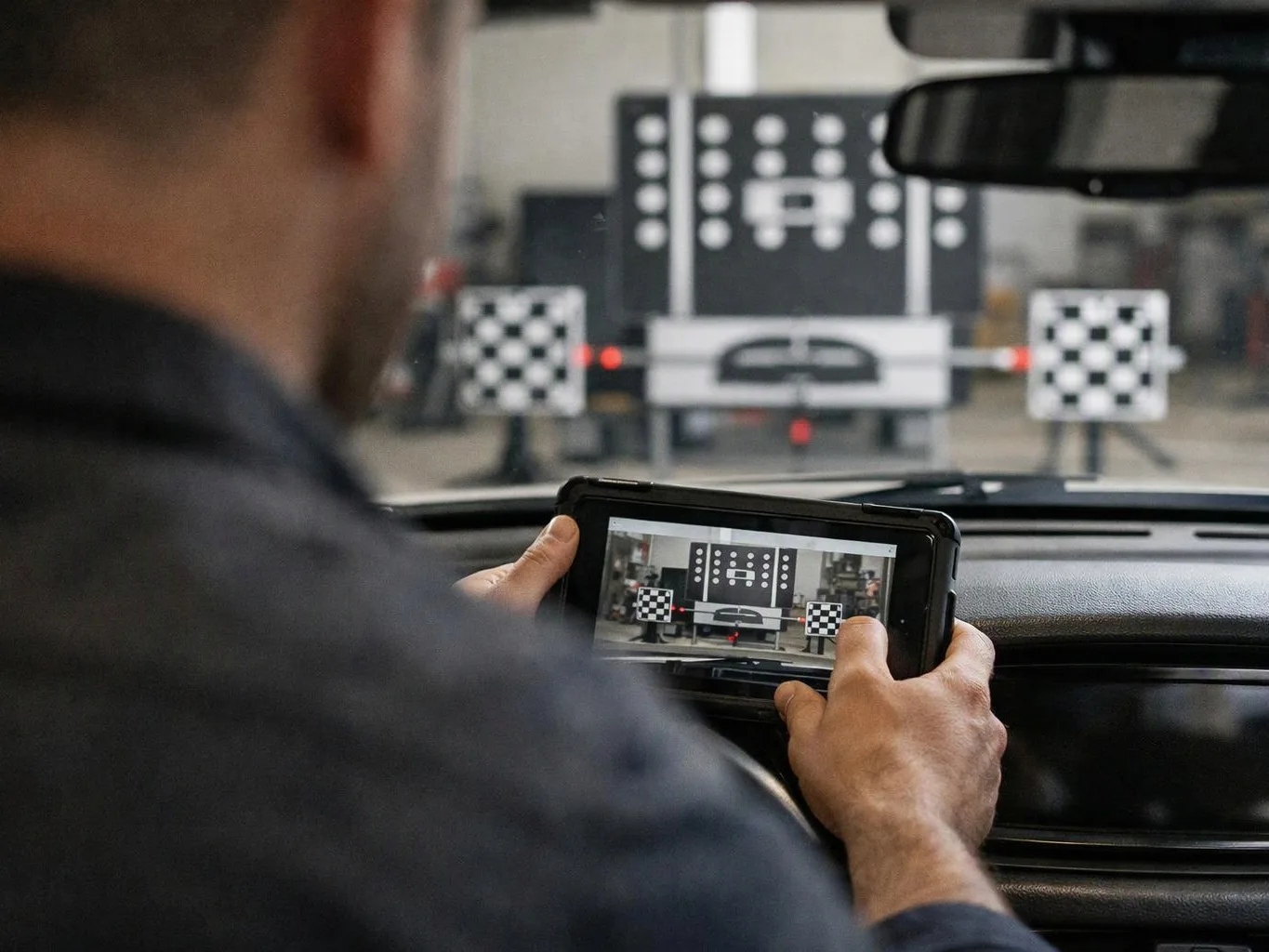 A person inside a car holds a tablet, recording a checkered test setup through the windshield