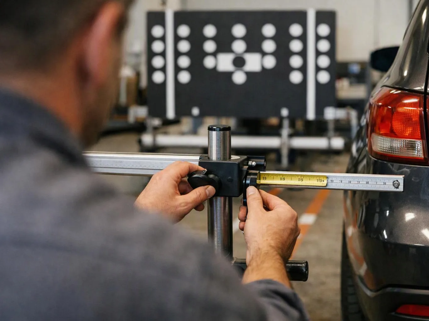A person measures the rear of a dark car with a sliding tool in a workshop
