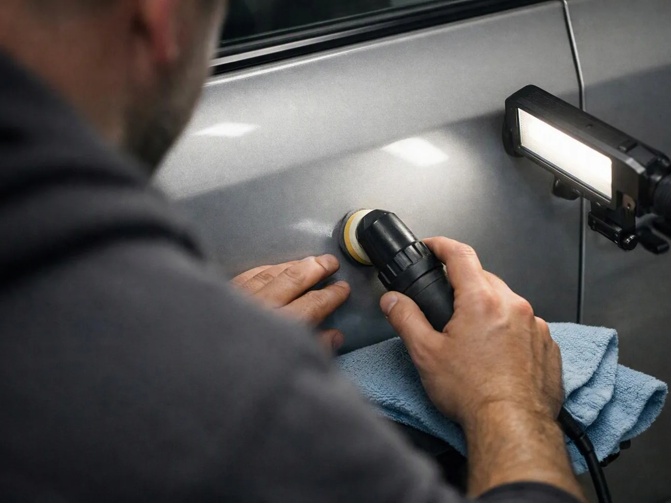A person polishes a car door with a handheld buffer under a bright work light
