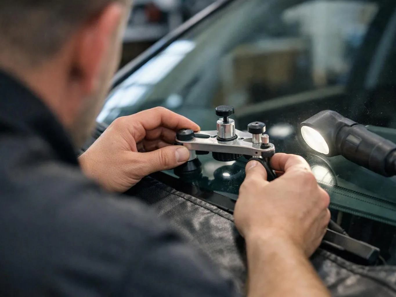 A person uses a metal repair tool on a car windshield beside a bright work light