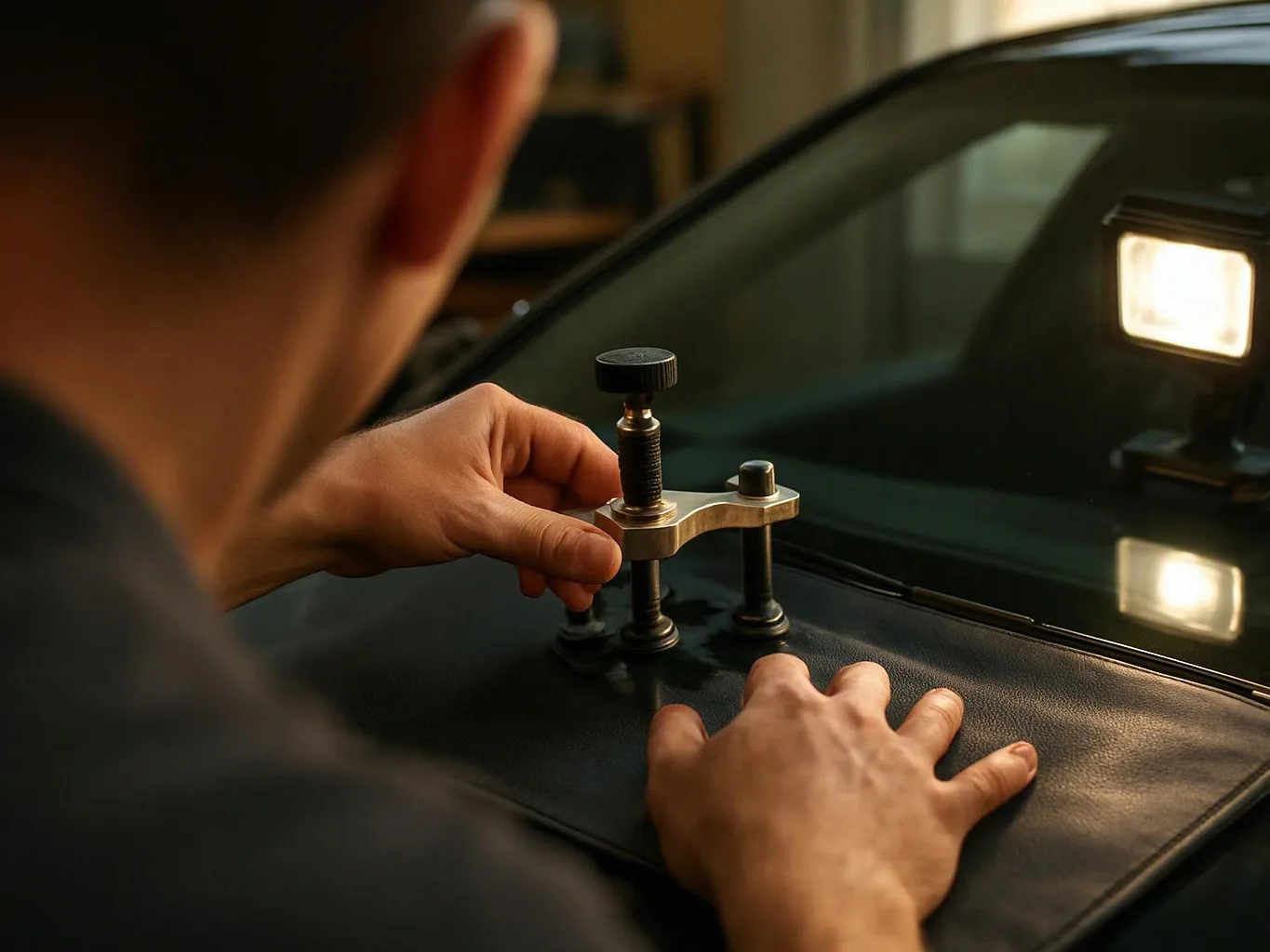 A person uses a metal suction repair tool on a car windshield in a garage