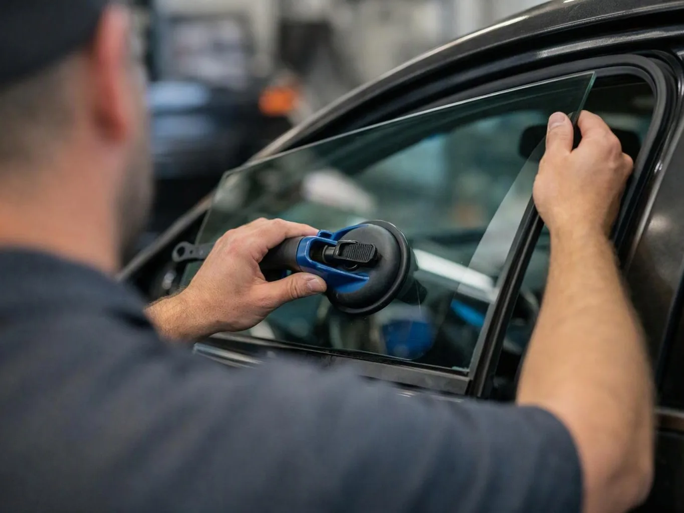 A person uses a suction tool to lift a car window pane beside a dark vehicle