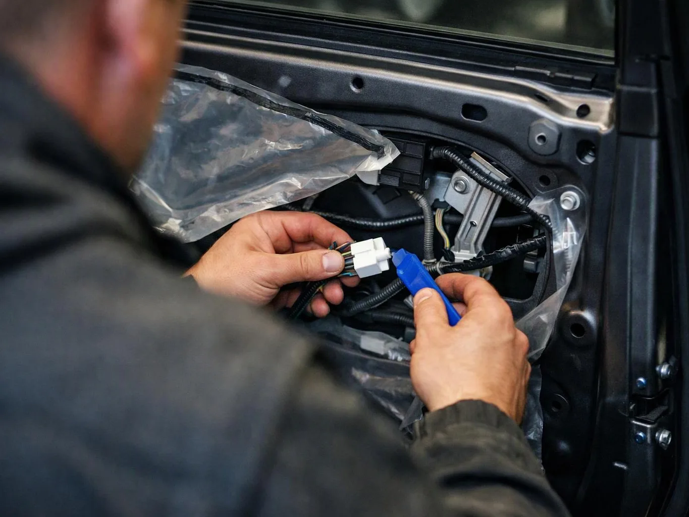 A person works on a car door’s exposed wiring with a blue tool inside the panel opening