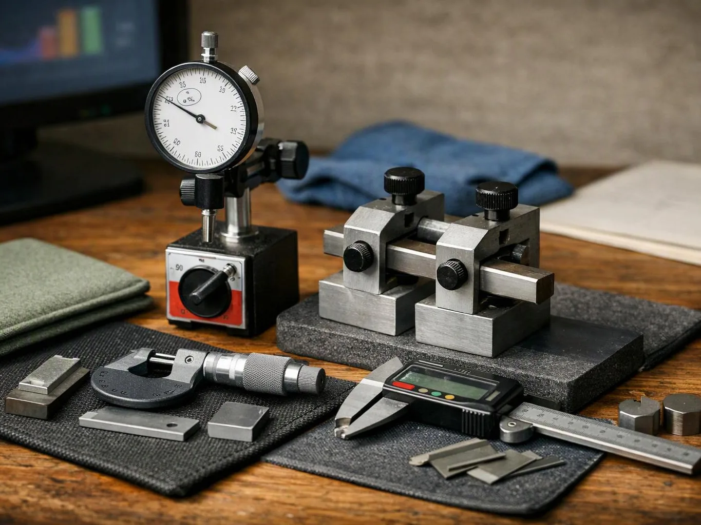 Precision measuring tools rest on a wooden workbench, including a dial gauge, caliper, micrometer, and metal blocks