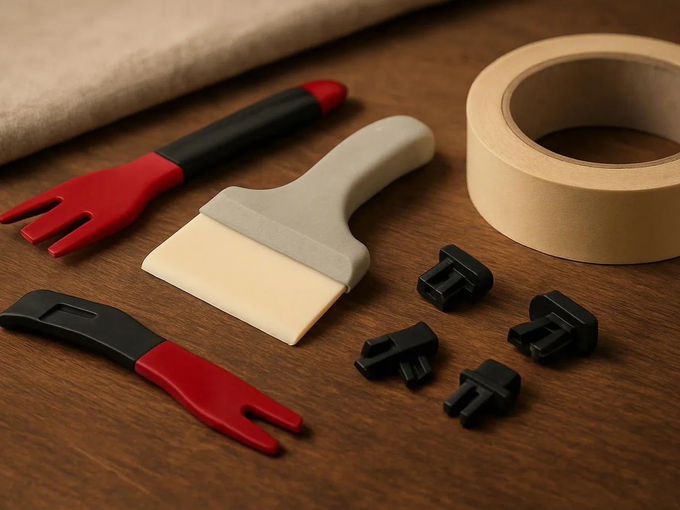 A putty knife, two pry tools, tape roll, and small black clips lie on a wooden table