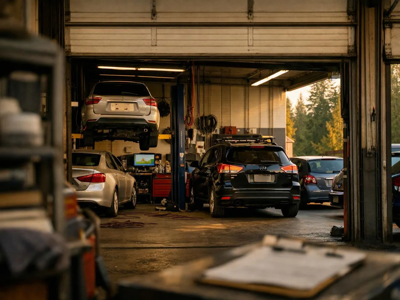 Several cars sit inside a garage bay, one lifted on a hoist while tools and a monitor line the back wall