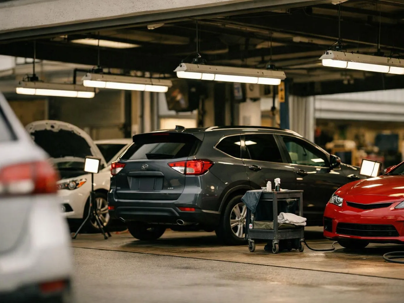 Several cars sit in a lit garage, with a service cart and cleaning supplies beside them