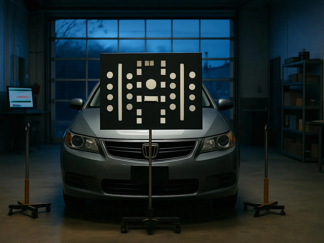 A silver car sits in a dim garage, partly hidden behind a black test pattern board on a stand