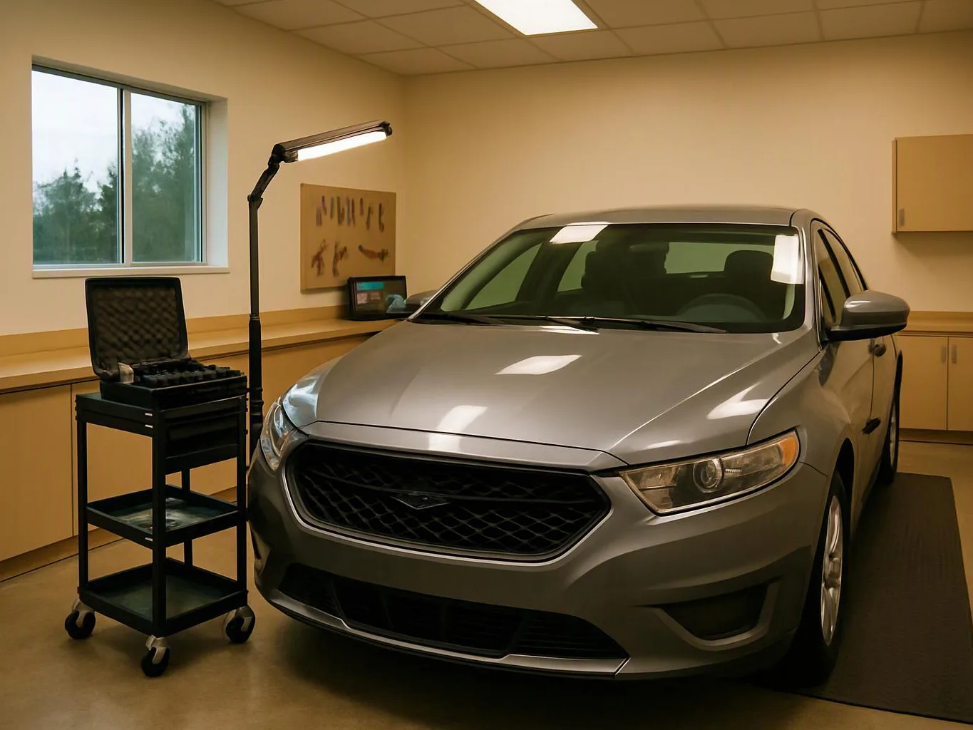 A silver sedan sits in a clean garage beside a wheeled tool cart and bright work light