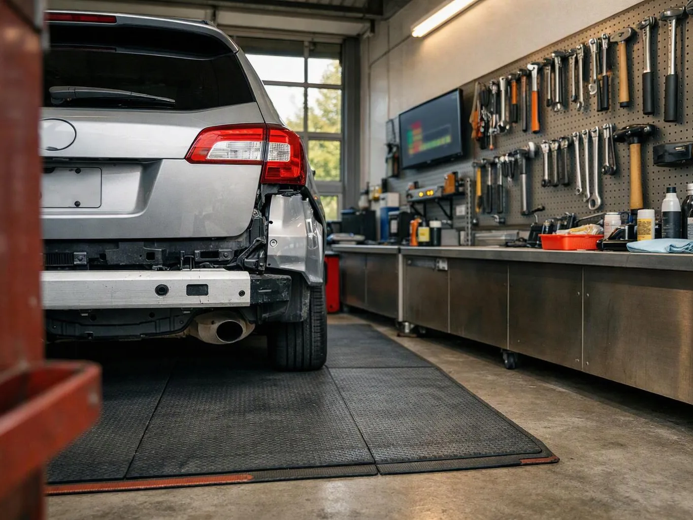 A silver SUV sits partly disassembled in a repair bay beside a wall of hanging tools