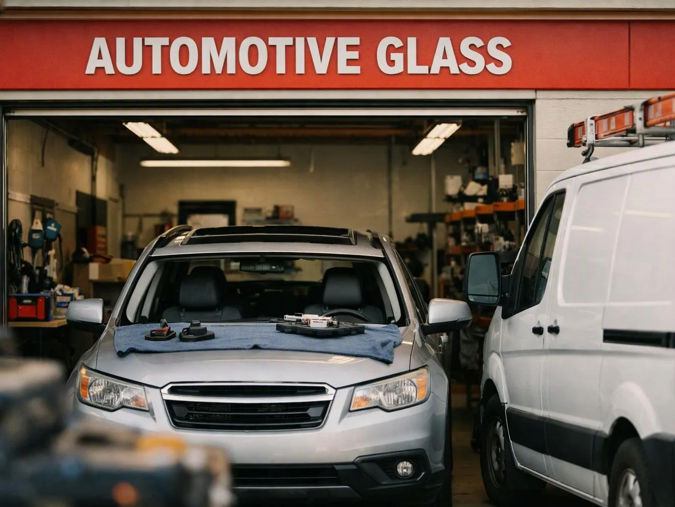 Silver SUV and white work van sit inside an automotive glass shop under a red sign