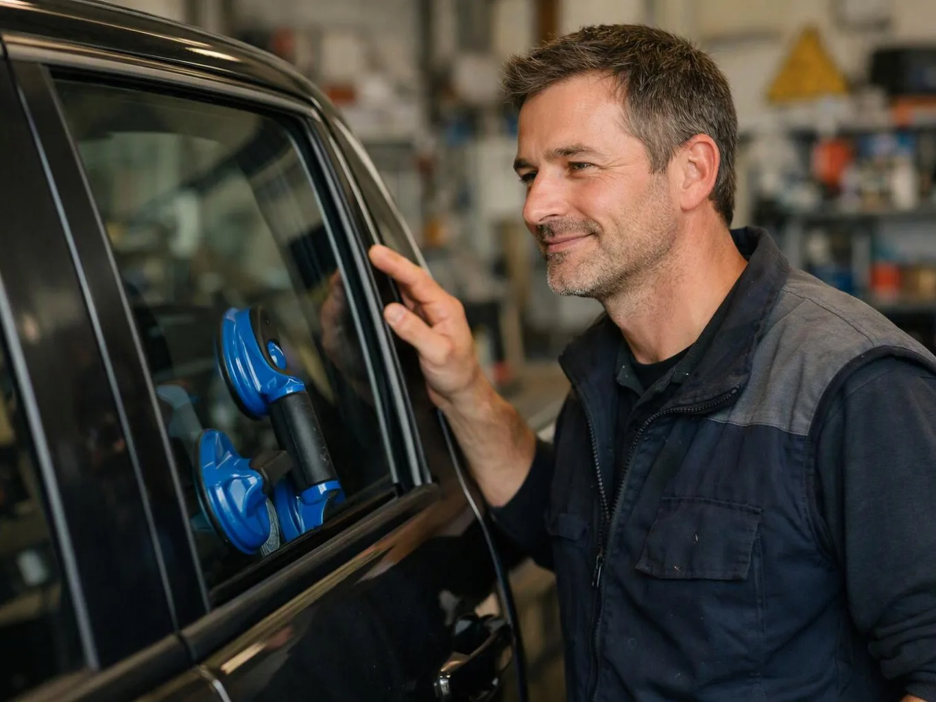 A smiling man inspects a car window in a workshop, with a blue suction tool attached to the glass