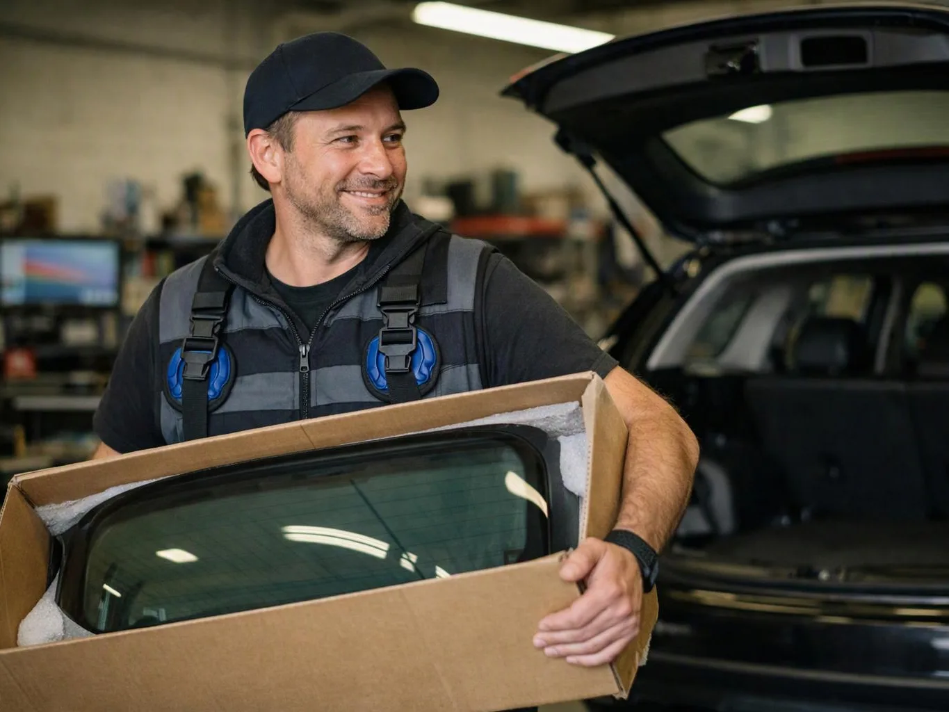 A smiling mechanic in a garage holds a boxed car window beside an open hatchback