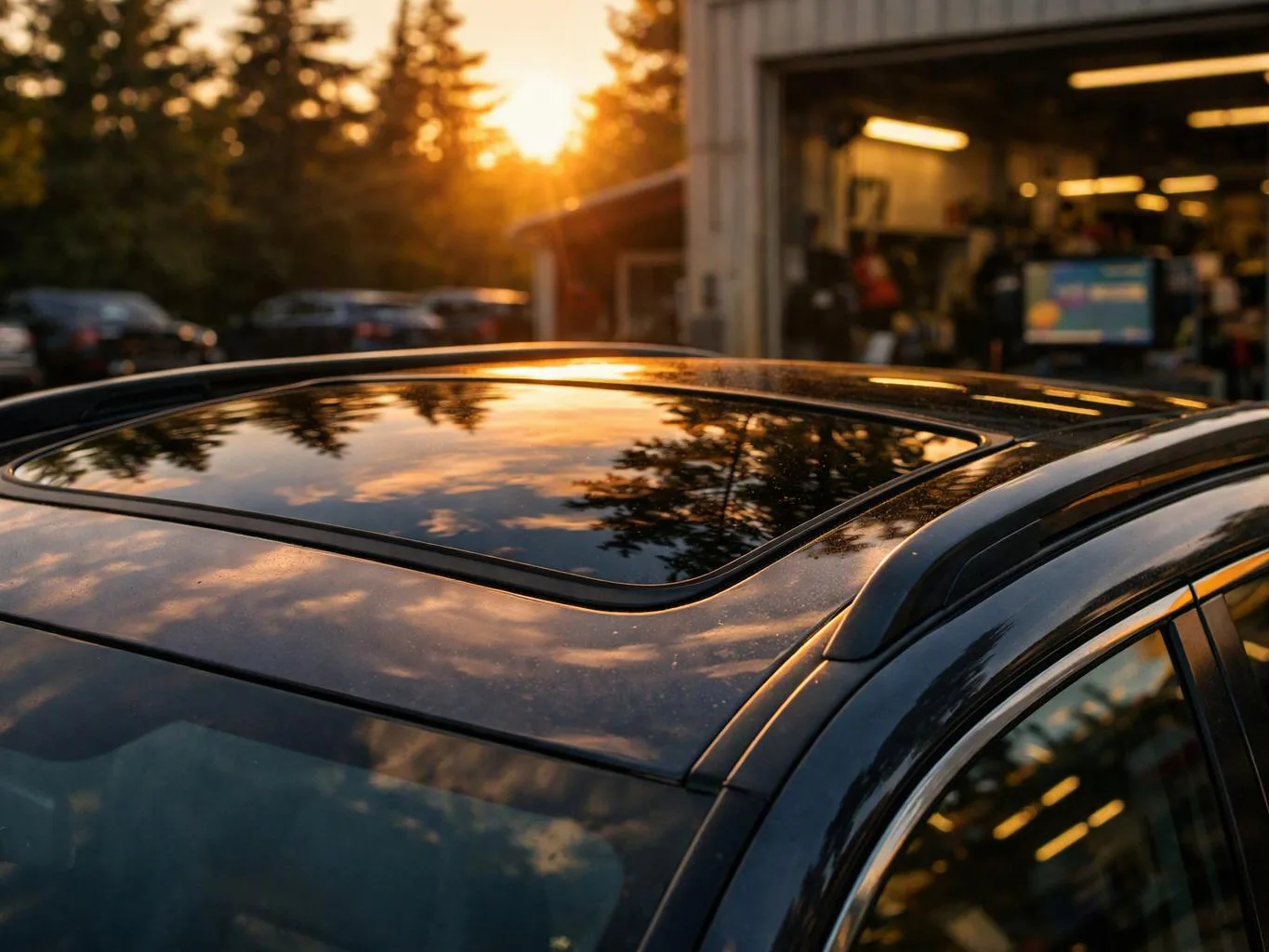 Sunset reflects on a black car roof near an open garage with blurred trees and parked vehicles