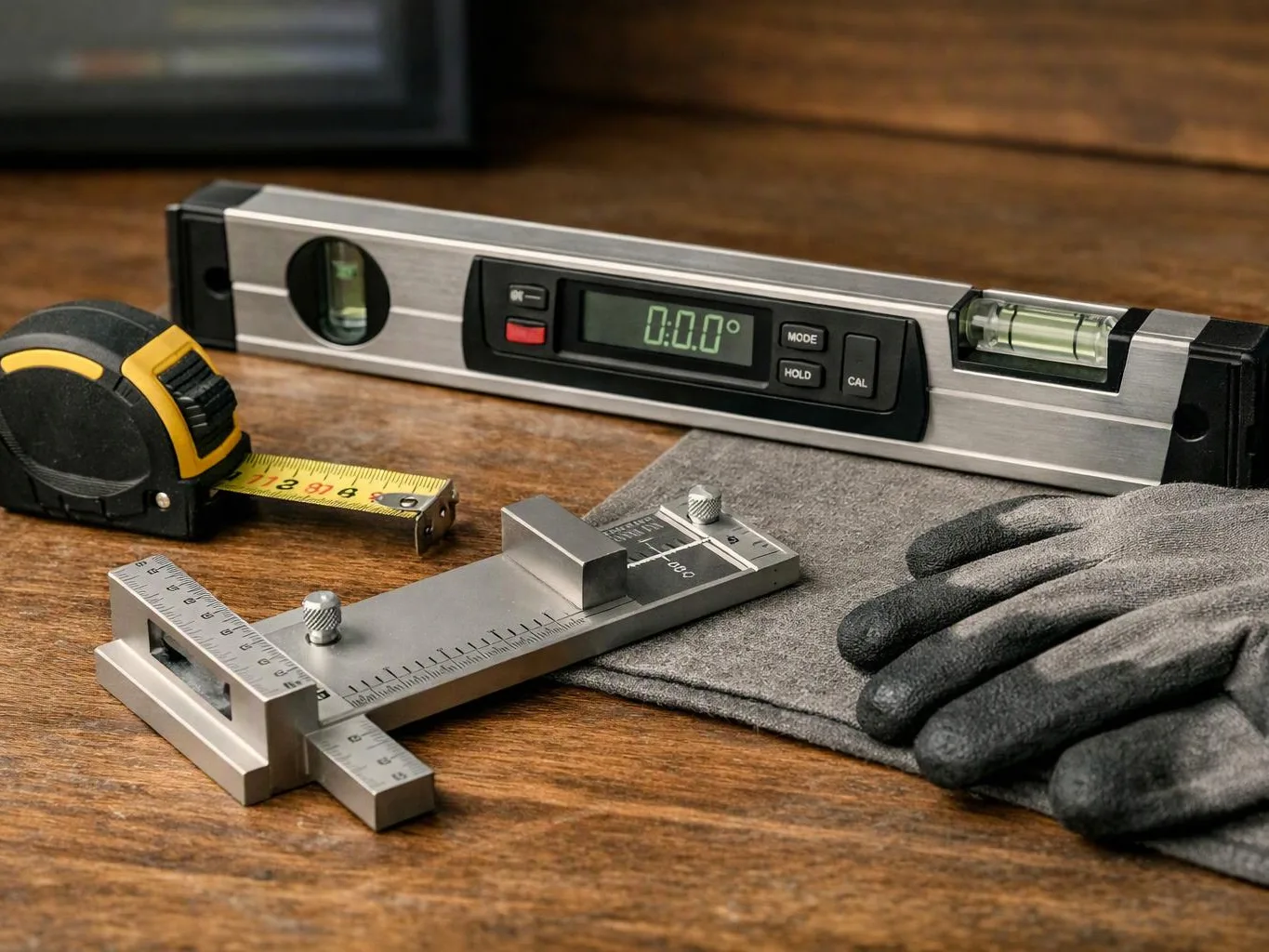 A tape measure, digital level, metal gauge, and gray work gloves sit on a wooden table