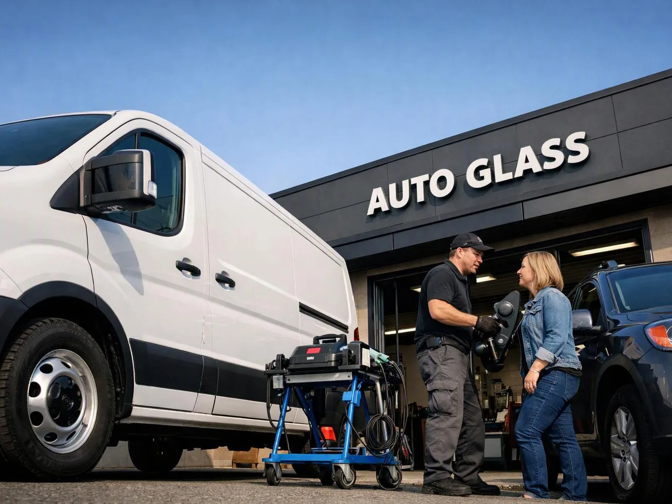 A technician talks with a woman beside a white van and a dark car outside an auto glass shop