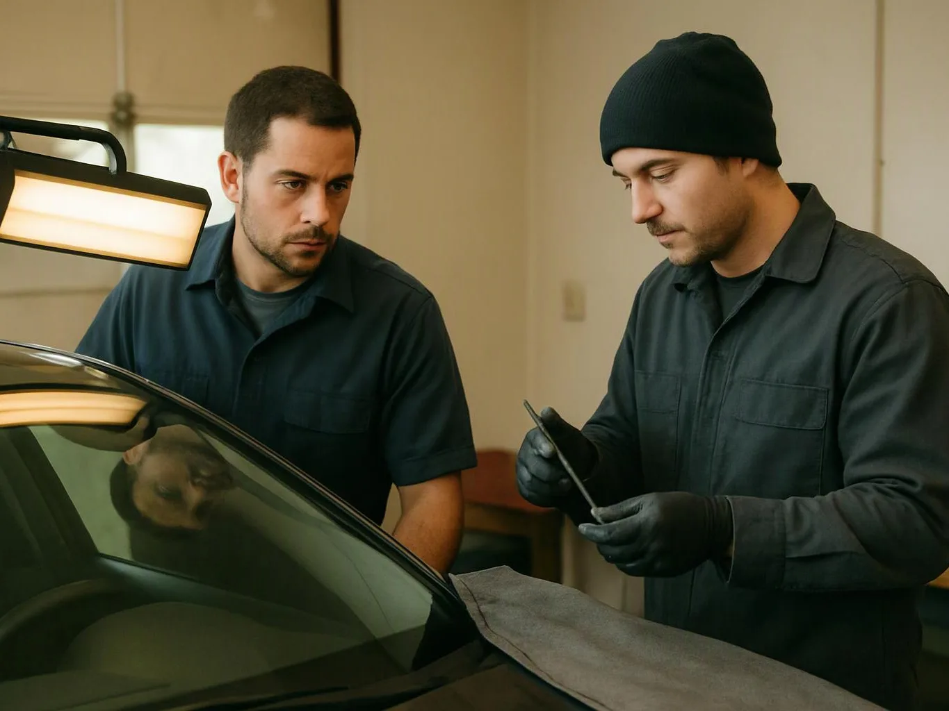 Two mechanics inspect a car windshield indoors, one holding a tool while the other watches closely