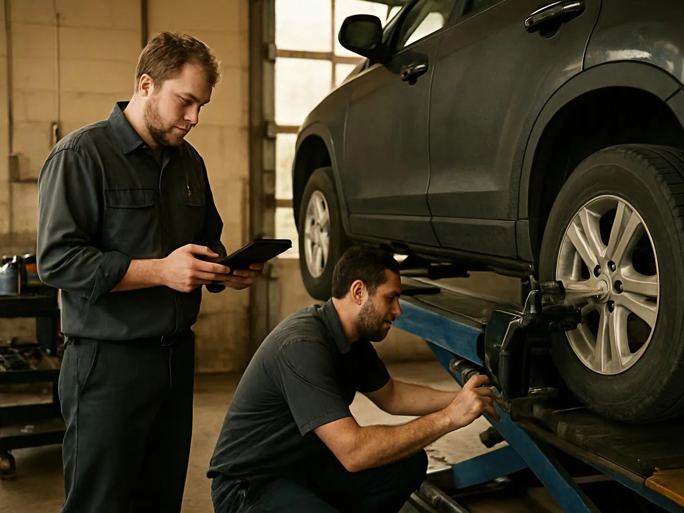 Two mechanics inspect a lifted SUV in a garage, one using a tablet while the other works on the front wheel