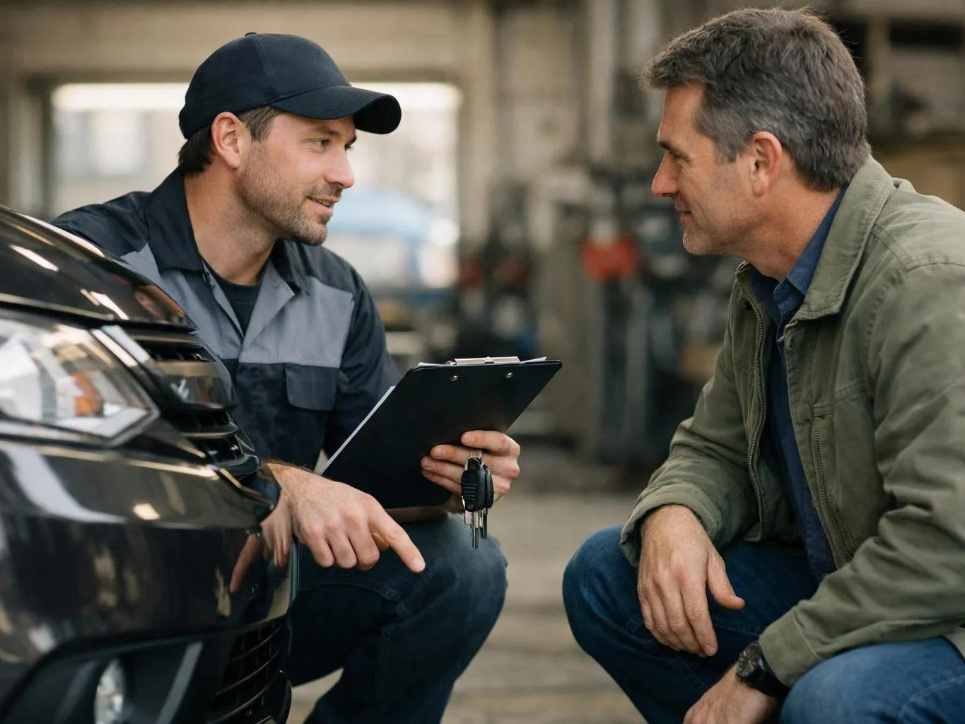 Two men crouch by a car in a garage, one holding a clipboard and keys while they talk