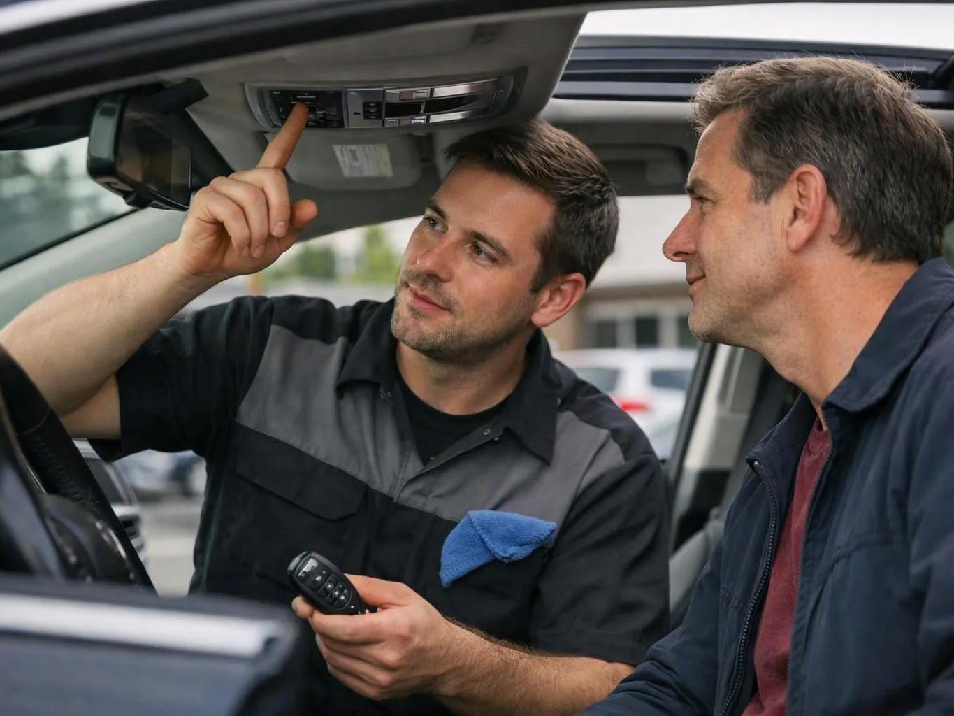 Two men inspect a car interior, one pointing at the overhead controls while holding a key fob