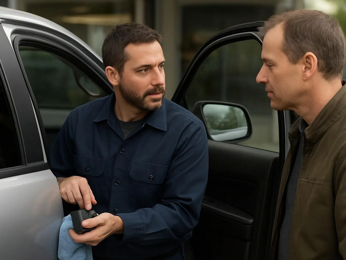 Two men stand beside an open car door, one cleaning a black part with a blue cloth outside a building