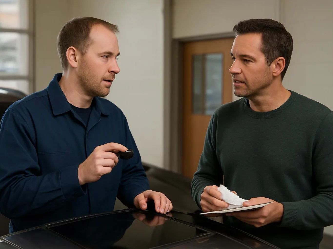 Two men stand by a black car, talking while one holds a key fob and the other a paper towel with a notepad