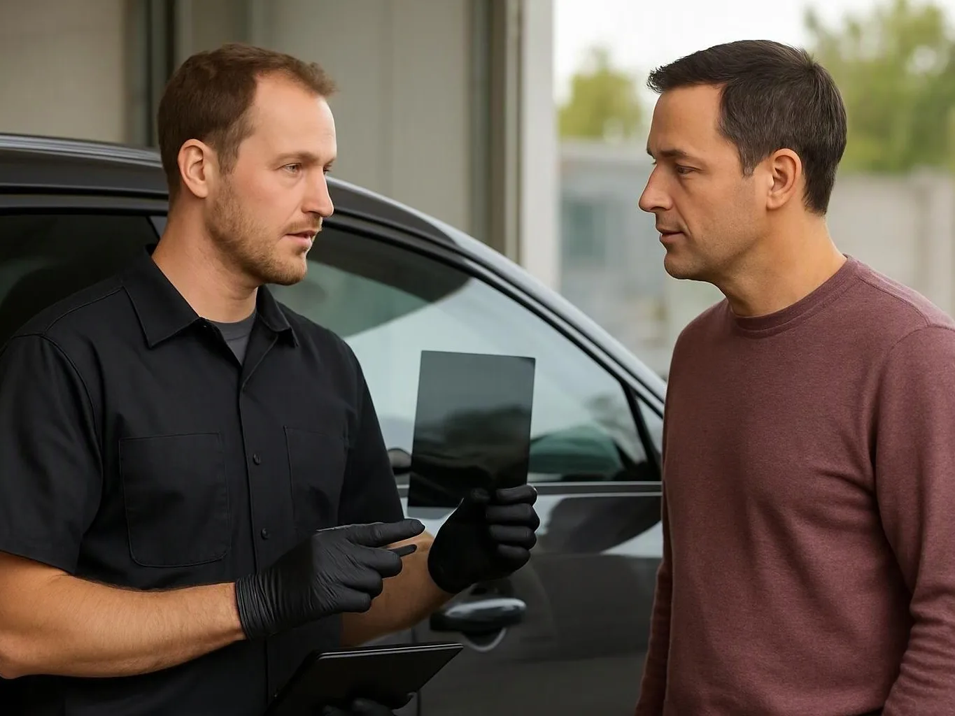 Two men stand by a dark car as one in gloves holds up a small black panel and talks to the other
