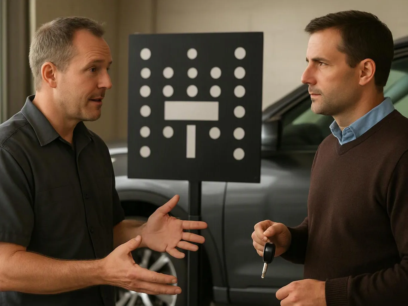 Two men stand by a parked car, one gesturing while the other holds a key fob near a black sign with white dots