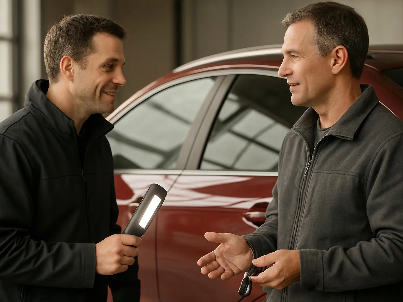 Two men talk beside a red car in a garage, one holding a light and the other car keys