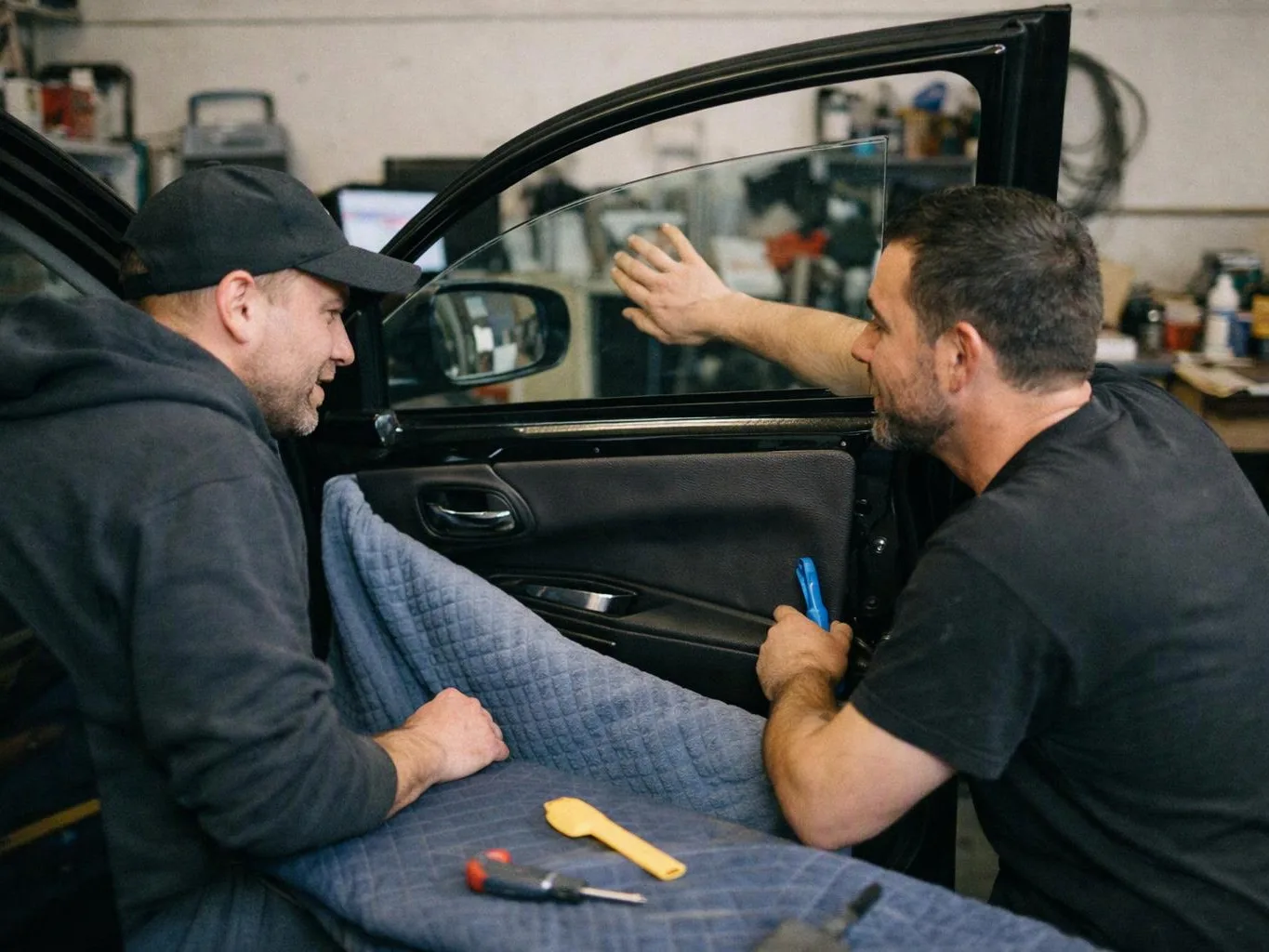 Two men work on a car door inside a workshop, with tools and a quilted cover draped over the seat