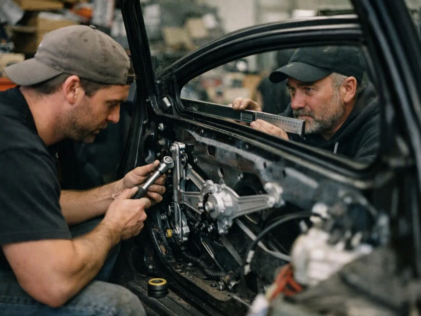 Two men work inside a car door, one using a wrench while the other checks alignment with a ruler