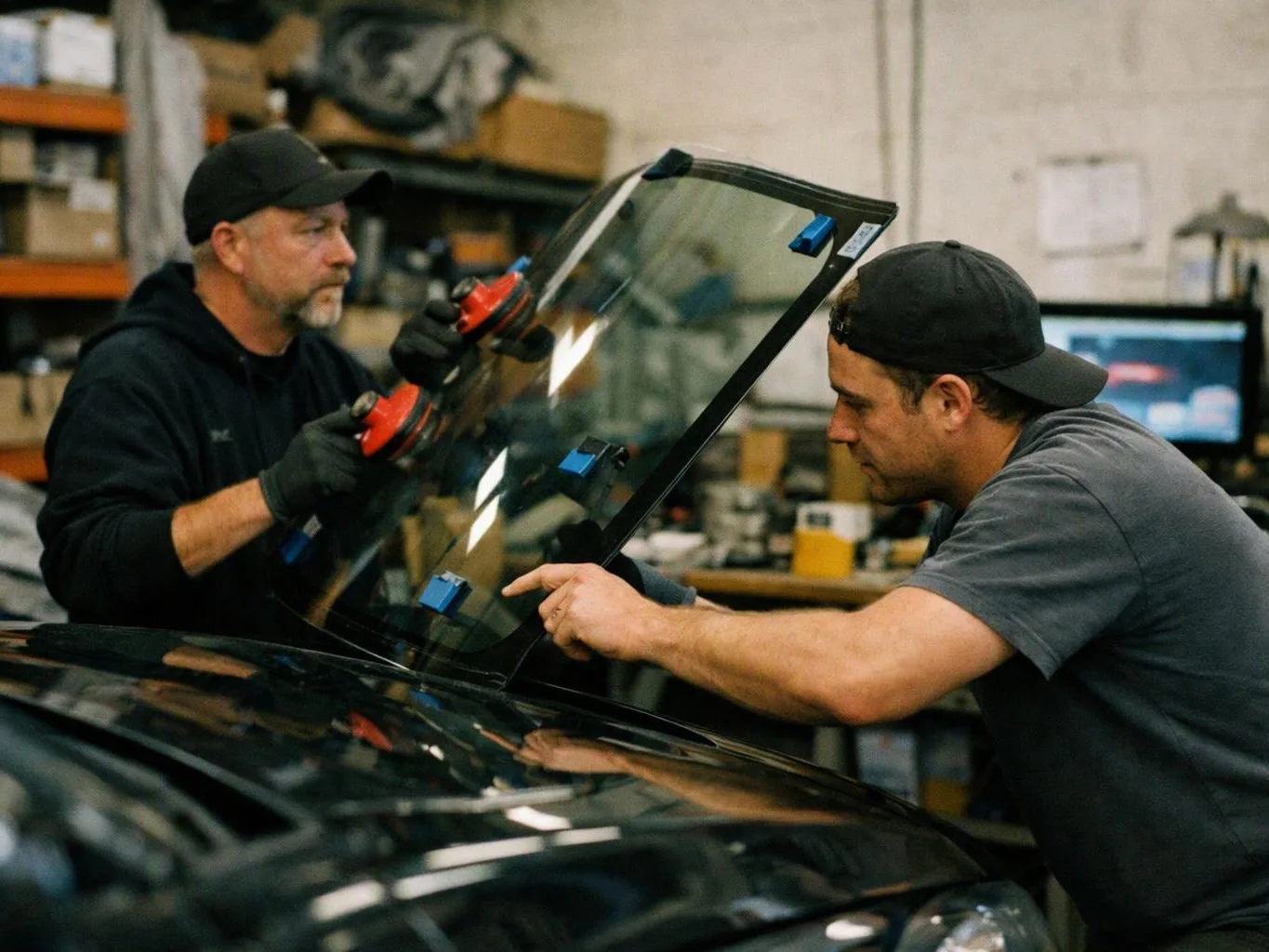 Two men in a workshop fit a car windshield using suction handles and blue spacers