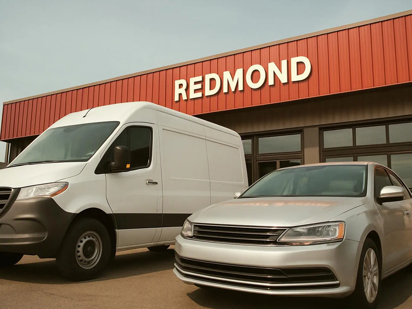 A white cargo van and silver sedan are parked outside a red building with large red letters