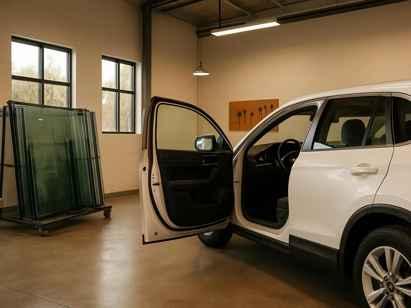 A white SUV sits in a garage with both right-side doors open, beside stacked glass panels on a wheeled rack
