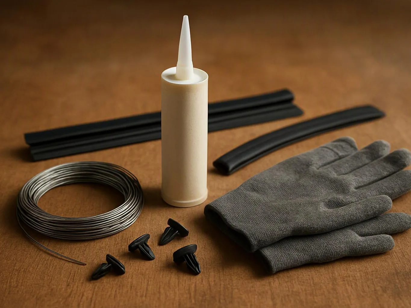 A workbench shows gloves, wire, black strips, clips, and a squeeze tube on a wooden surface