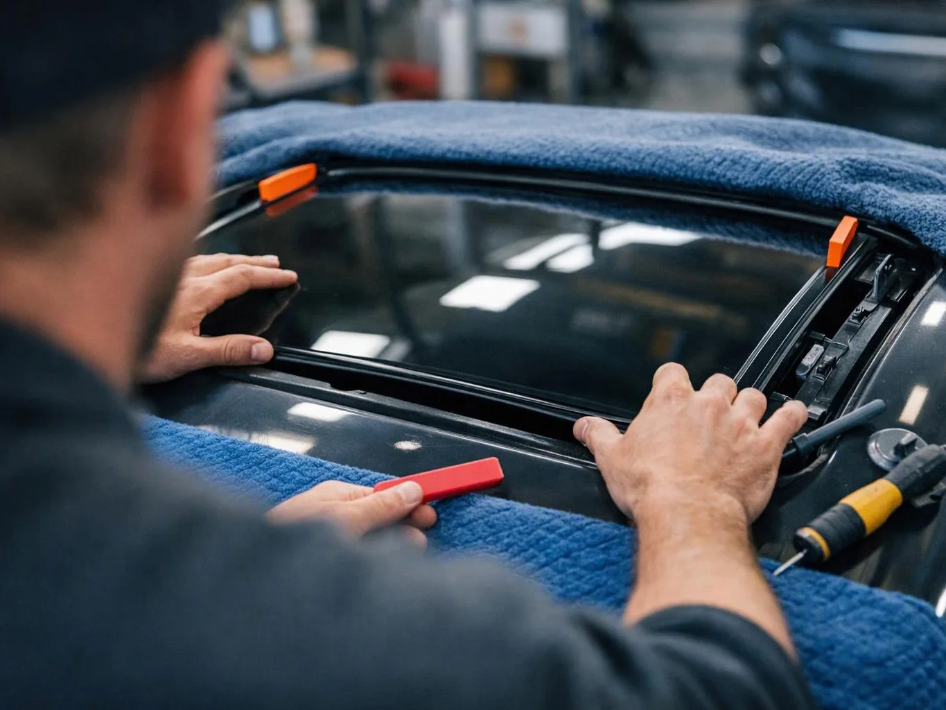A worker installs a car windshield with tools and blue towels in a workshop